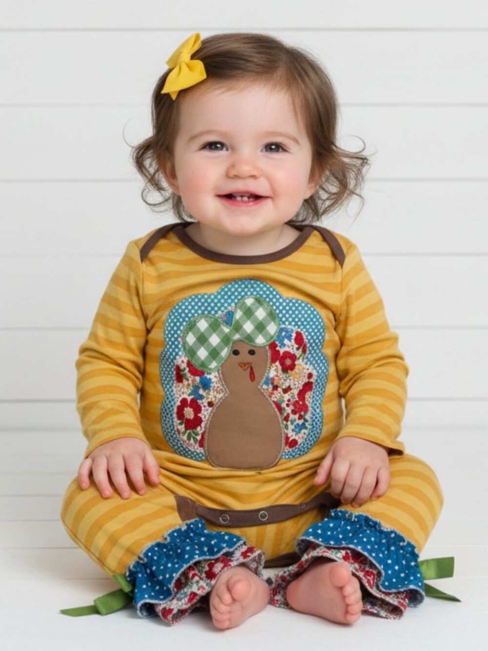 Patchwork Turkey Ruffle Romper, Baby, girl, NWT